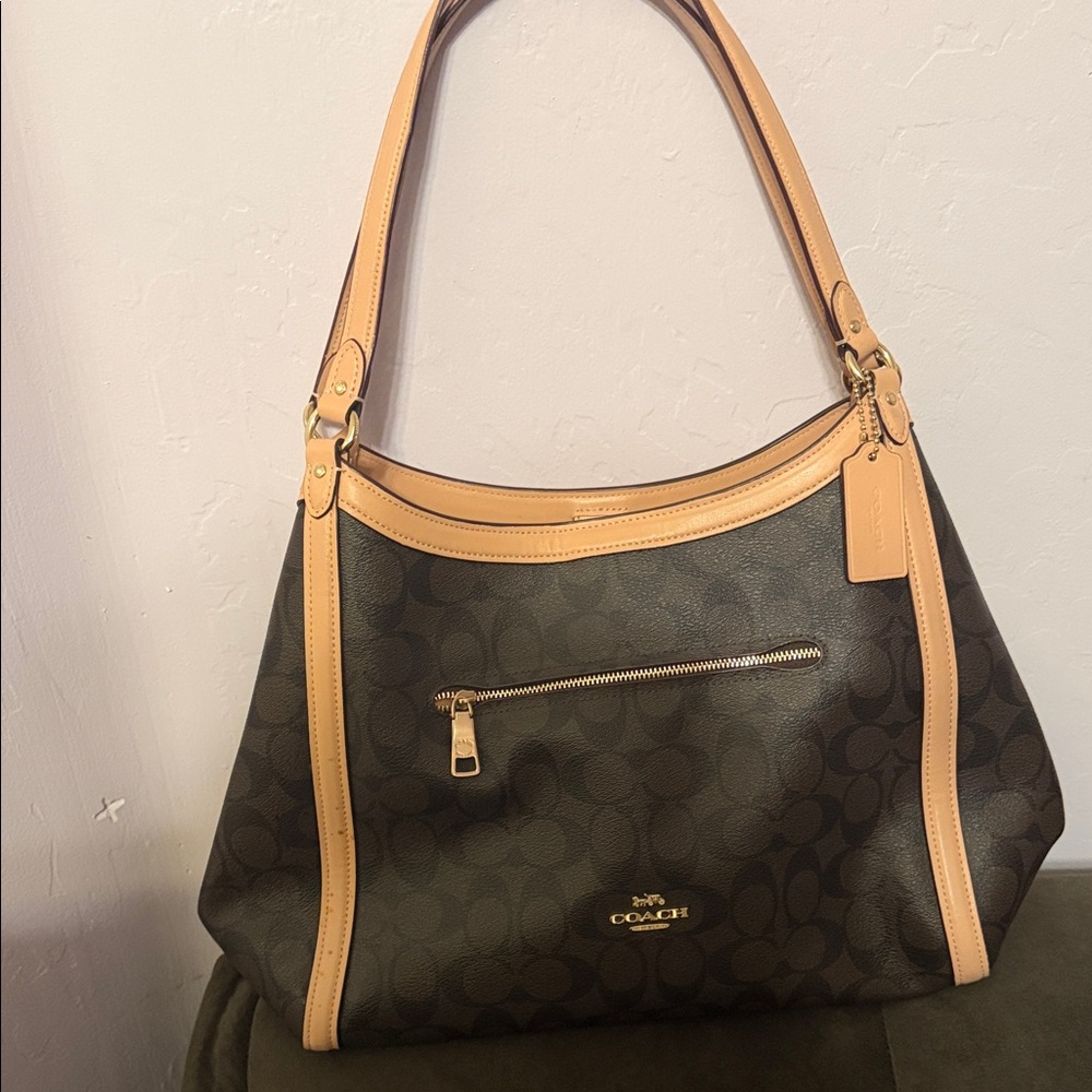 Coach Brown Signature Canvas Hobo with Tan Leather Trim